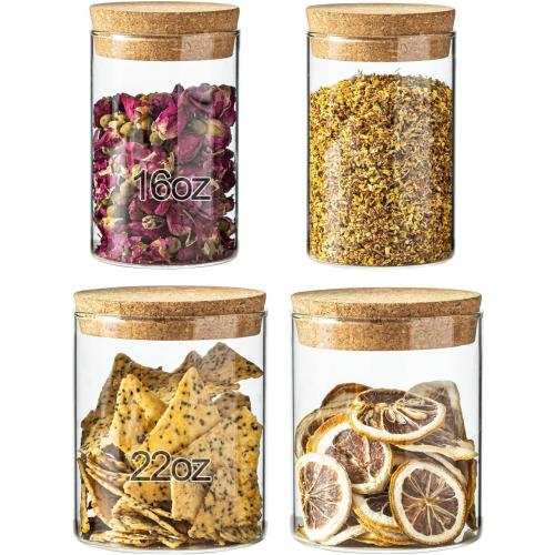 Airtight Glass Jars with Cork Lids -set of 4 (2 Large 16oz & 2 Small 10oz) Kitchen Storage Containers for Tea, Cereal, Flour, Spices, Beans, Candy | Wedding, Pantry, Biscuit Organization (4PCS)