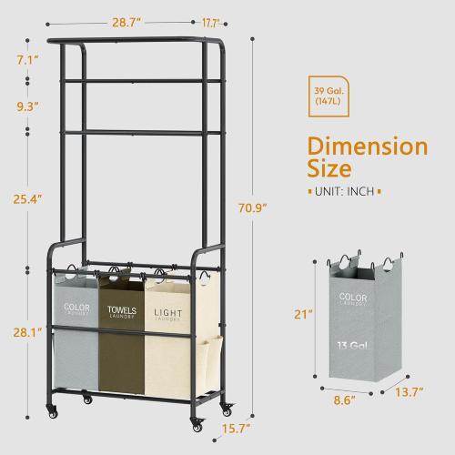 Laundry Sorter 3 Section,Laundry Hamper Cart with Hanging Rack & Removable Bags,Heavy Duty Laundry Basket Organizer with Wheels & 2 Tier Shelf,3 Colors