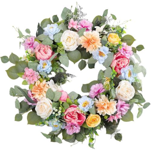 Spring Wreaths for Front Door,Summer Wreath with Peony Rose and Dahlia Flowers,24 Inch Floral Door Wreath for All Seasons Outside Outdoor Indoor Wall Wedding Holiday Home Decor