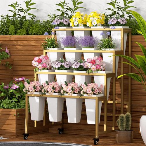 Flower Display Stand with 16 Buckets, 4 Layers Flower Bar, Gold Metal Plant Stand with Wheels, Heavy Duty Flower Cart for Indoor Outdoor Patio Garden Wedding Florist, Gold Metal Frame