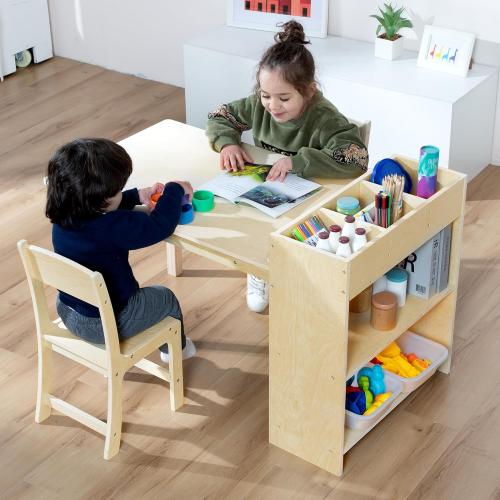 Kids Art Table and Chair Set, Birch Wooden Activity Craft Table, Kids Drawing Table, Toddler Desk with Storage and 1 Chair