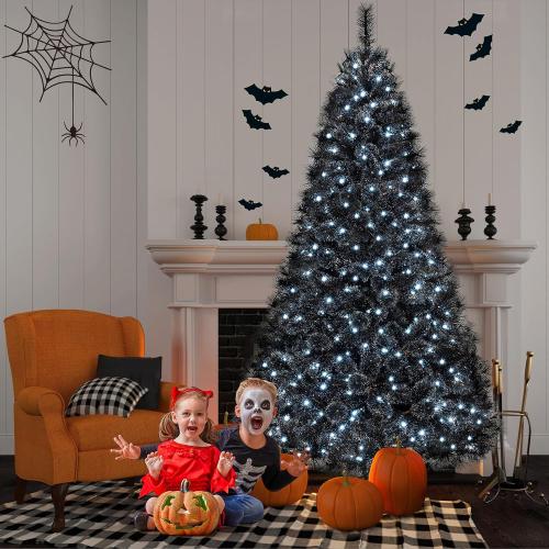 HAPPYGRILL 8 FT Pre-lit Black Christmas Tree, Artificial Halloween Tree w/860 Branch Tips, Frosted Pine Needles, 450 White LED Lights, Folding Metal Stand & Gloves, Hinged Xmas Tree for Carnival