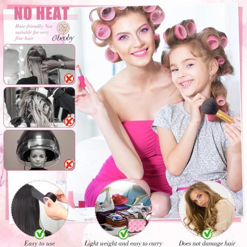 4 Sizes Self-Grip Hair Rollers Set for Long, Short Hair and Bangs - 50 Pcs with Clips (25mm, 36mm, 48mm, 60mm), Pink