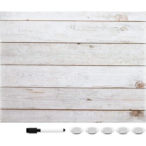 Navaris Magnetic Dry Erase Board - 13 x 17 inches Decorative White Board for Wall with Design, Includes 5 Magnets and Marker - Wooden Planks