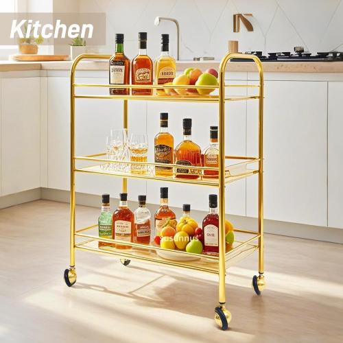 susunnus Bar Cart with Wheels,Stainless Steel Cart with Wheels 3 Tier,Metal Rolling Cart,Four-Dimensional Guardrail Design,Gold Finish,Movable,Suitable for Various Occasions,Dinner Party,Living Room