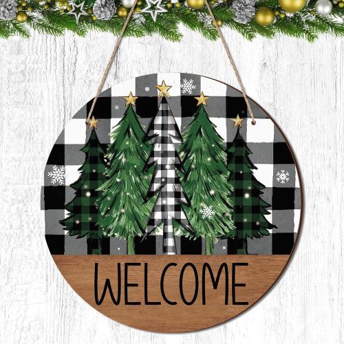 Christmas Welcome Door Sign Decoration Rustic Xmas Tree Winter Wonderland Wreath Black White Buffalo Plaid Hanging Sign Farmhouse Xmas Winter Decor for Front Porch Door Wall Window 2 pk