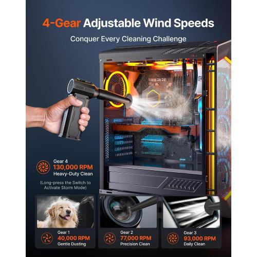 Compressed Air Duster, 130,000RPM Ultra-Powerful Cordless Electric Air Duster with 8000mAh Rechargeable Battery, 4-Gear Adjustable Air Blower for Keyboard, Computer, Car, Home Cleaning