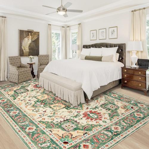 Area Rug 8x10 Washable Rug, Vintage Boho Medallion Rugs Non-Slip Soft Low Pile Large Distressed Rug Indoor Retro Carpet for Living Room Bedroom Dining Room Home Office (Green Beige, 8'x10')