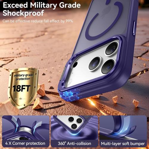 for iPhone 17 Pro Max Case with Stash Lens Stand and 9H Screen Protector, Compatible with MagSafe, Military-Grade Drop Protection Phone Case for iPhone 17 Pro Max, 360° Full Protection, Purple