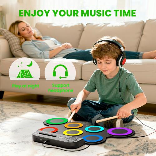 Electric Drum Set Built-in Speaker, Kids Drum Pad and Sticks, Portable Roll Up Drums Practice Pad for Kids, Great Birthday for Girls Boys