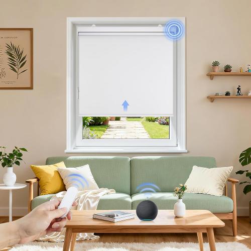Grandekor Motorized Blinds with Remote Control, Blackout Roller Shade Electric Shades Cordless Smart Blinds for Bedroom Living Room Office,White,W34.5xH72