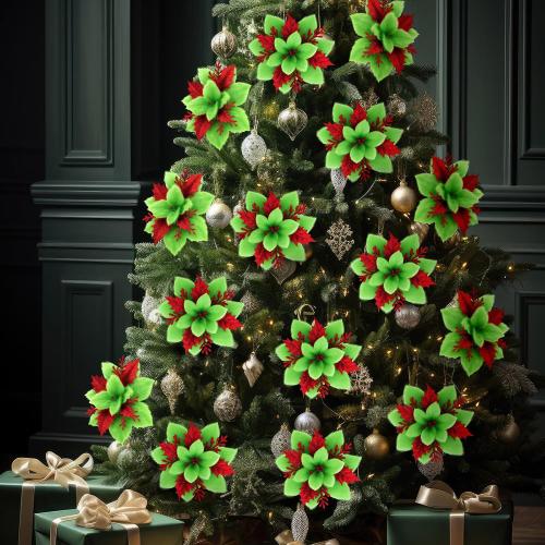 Zeyune 15 Pack Green Poinsettia Flowers Glitter Artificial Christmas Poinsettia Decor 5.5'' Plush Flowers Picks with Clips and Stems DIY for Xmas Tree Wreath Holiday Home Party Decor(Green Red)