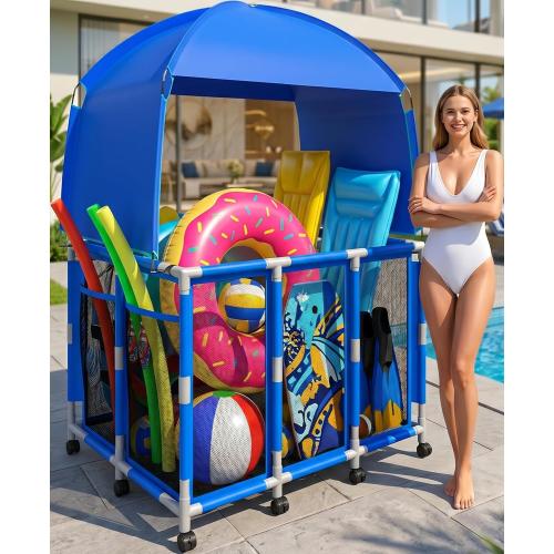 Pool Float Storage with Canopy,Pool Storage Bin XXX-Large,Outdoor Pool Toy Storage Organizer for Pool, Floats & Balls, Outdoor Pool Toy Storage with Rolling Cart for Swimming Equipments