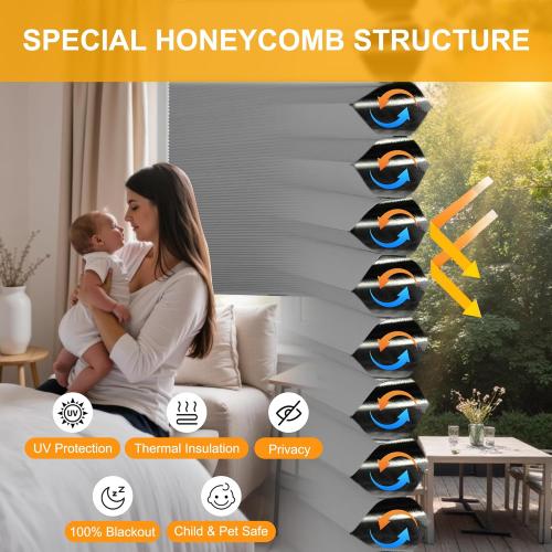 Homedemo No Drill No Tools Blackout Cellular Shades Cordless, Honeycomb Blinds for Window, Easy Install No Screws Thermal Insulated Noise Reduction Cellular Blinds for Home (Grey, 31.5 W x 64 H)