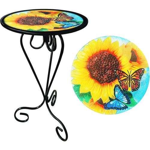 12 Inch Outdoor Side Table, Round Patio Accent Indoor End Table with Glass Top & Metal Base for Living Room, Office, Balcony, Sunflower Butterfly Indoor Furniture Decor(20 Height)