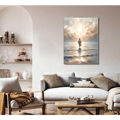 Jesus Walking on Water Canvas Wall Art Jesus Christian Posters Prints Sacred God Walking on Ocean Beach Painting Pictures for Living Room Bedroom Bathroom Office Wall Decor Framed