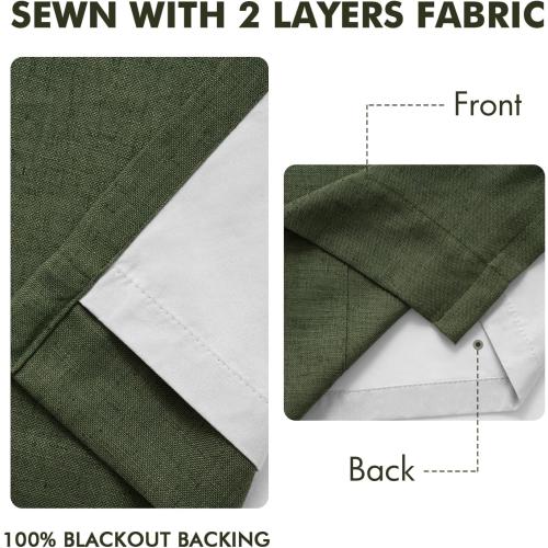 MIULEE Olive Green Pinch Pleated 100% Blackout Linen Curtains 96 Inch Length 2 Panels Set, Black Out Memory Trained Pleat Curtains Light Blocking Room Darkening Drapes for Bedroom Living Room Window