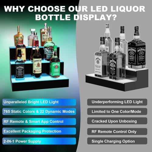 MESAlLUP 60 Inch 3 Tier Lighted Liquor Bottle Display Shelf, LED Bar Shelves with Remote Control, Mulit Color Lighting for Home Mini Bars Decor, Restaurants & Party Use, Acrylic Stand