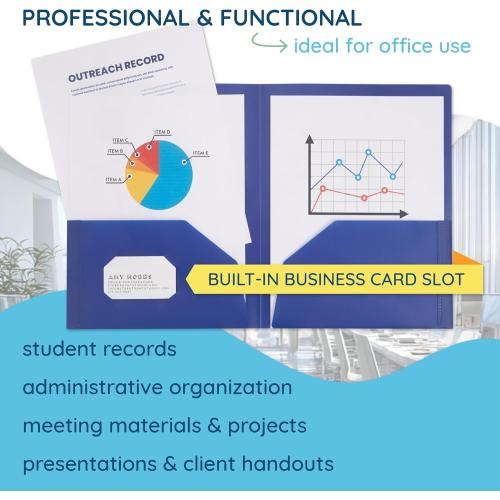 Blue Summit Supplies 6 Pack Multicolor Two Pocket Plastic Folders with Pockets, Heavy Duty Colored 2 Pocket Plastic Folders for School, and Business Card Slot, Home, and Work