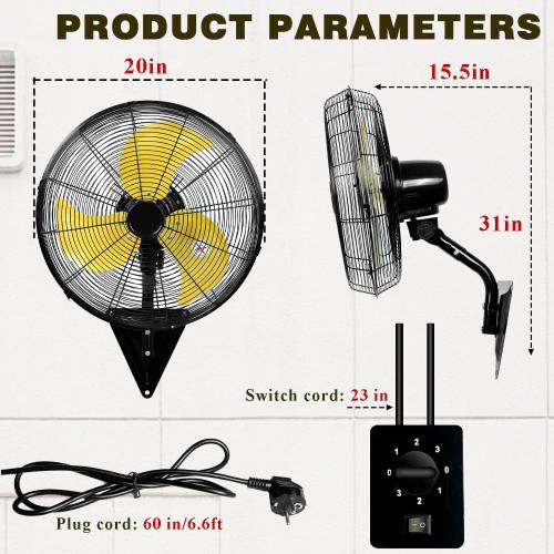 Size 20 Inch Wall Mount Fan, Heavy Duty Oscillating Wall-Mounted Fan with 5500 CFM, High Velocity 3 Speed Fans Outdoor with Adjustable Tilting for Workshop, Garage, Patios, Commercial and Industrial