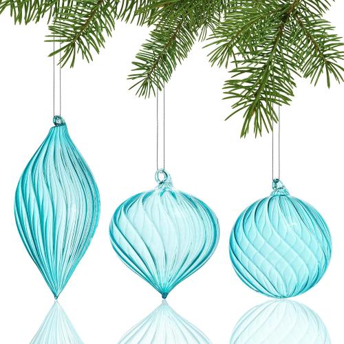 3 Pcs Hand Blown Glass Christmas Ornaments Hanging Baubles for Xmas Tree Decorations (Blue)