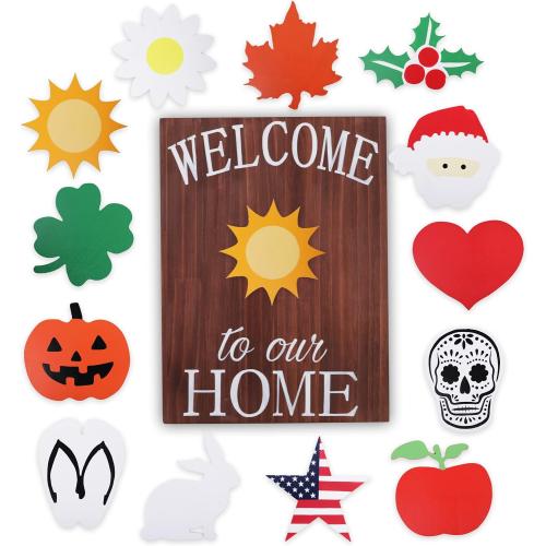Holiday Welcome Sign for Front Door by Onyx Haus, Easter, Spring Housewarming Gift- Large, Interchangeable Decorations w/ 14 Unique Seasonal Pieces 11x15