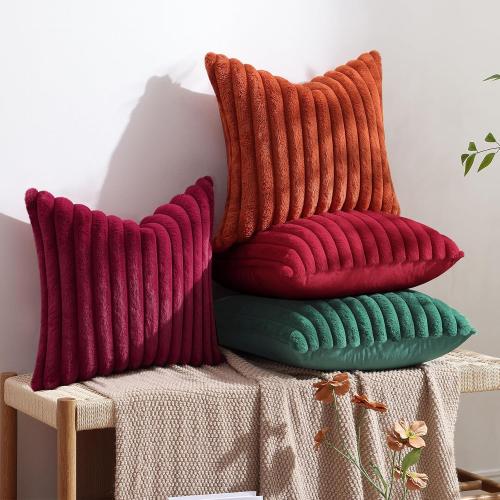 decorUhome Faux Fur Christmas Throw Pillow Covers 24x24 Set of 2, Decorative Soft Plush Striped Neutral Couch Euro Pillow Covers with Velvet Back for Sofa, Bed, Living Room Home Decor, Red