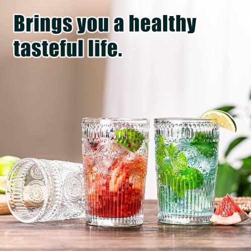 Vintage Drinking Glasses, Textured Clear Striped Glass Cups-6 Highball Glasses 13oz & 6 Rocks Glasses 10oz, Ribbed Glassware Set, Mojito Cups, Cocktail Glass, Iced Coffee Cup