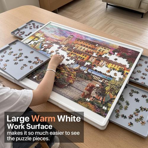 WELGEE 1500 Pieces 2-in-1 Tilting & Rotating Puzzle Board with Drawers and Cover, 35x27 Portable Spinning Plastic Jigsaw Puzzle Table for Adults, Upgraded Lazy Susan