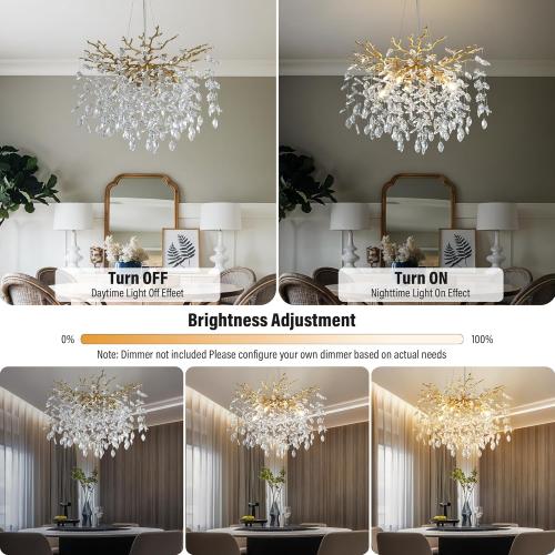 YUYI 23.6 Modern Gold Tree Branch Crystal Chandelier, 8-Light Round Raindrop Pendant Lighting for Dining Room Living Room Bedroom Kitchen Foyer Entryway, Luxury K9 Crystal Statement Light Fixture