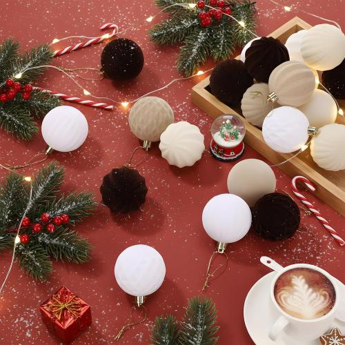 32 Pcs Velvet Christmas Ball Bulk 2.36'' Flocked Tree Decor, Brown Series | Plastic Hanging Ornament, Lightweight Durable, Xmas Bulb Decor, Holiday Party Supplies, Indoor Christmas Tree Decoration Use