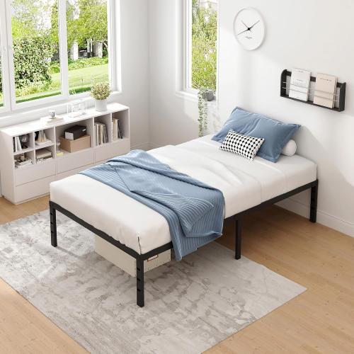 Metal Bed Frame,Twin Size Bed Frame with Storage Space,Heavy Duty Sturdy Mattress Foundation,Easy Assembly,No Box Spring Needed, Black,18 Inch,Twin