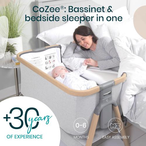 Tutti Bambini CoZee® 2-in-1 Baby Bassinet & Bedside Sleeper - Fast-Folding Bedside Bassinet, Baby Crib with 6 Mattress Heights & Breathable Mesh Window, Mattress Included, 0-6 Months (Silver & Oak) ‼️color different and mattress not included‼️