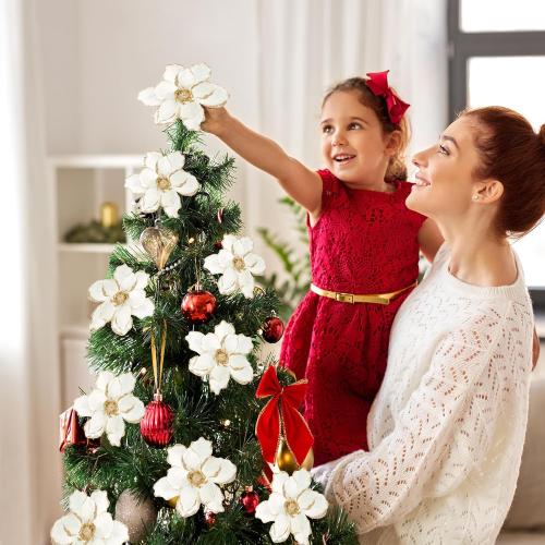 Sggvecsy 10Pcs Christmas Glitter Flowers Christmas Tree Ornaments Artificial Poinsettia Flower Velvet Magnolia Stems Floral Picks for Xmas Wedding DIY Crafts Wreath Party Floral Decorations (White)