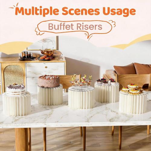 HeiMma 6 Pack Buffet Risers, Foldable Accordion Food Display Risers with Acrylic Disc, Dessert Table Display Set, Cardboard Paper Cupcake Cake Stand for Party Cylinder Stands for Parties Drink Collectibles Jewelry Figures, White