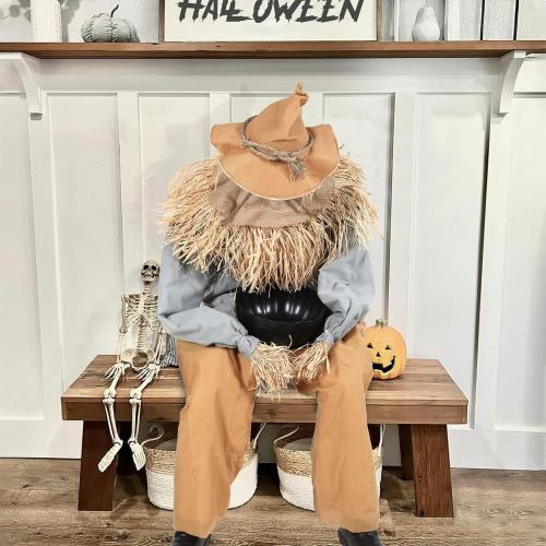 Halloween Decorations- 4Ft Scary Sitting Scarecrow with Spooky Sound Glowing Eyes, Animatronic Scary Props Decor for Home Party Indoor Porch Yard Decoration