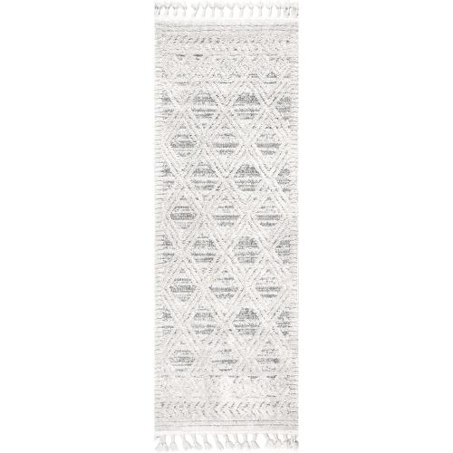 nuLOOM 2x6 Ansley Moroccan Tassel Area Rug, Light Grey, High-Low Textured Bohemian Design, Plush High Pile, Stain Resistant, For Bedroom, Living Room, Hallway, Entryway