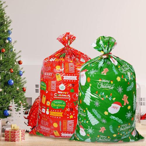 2 Pack Jumbo Christmas Gift Bag with Tag & Tie, 56 X 36 Oversized Christmas Plastic Wrapping Bags, Giant gift Bags for Huge Present Decoration, Holiday Bags for Large Gifts, Toys, Goodie Supplies