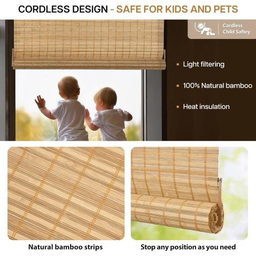 Size 26x70 Color brown LazBlinds No Tools No Drill Bamboo Roller Shades, Cordless Bamboo Blinds, Light Filtering Roll Up Blinds for Windows, French Door, Porch or Patio, 26'' W x 70'' H, Squirrel