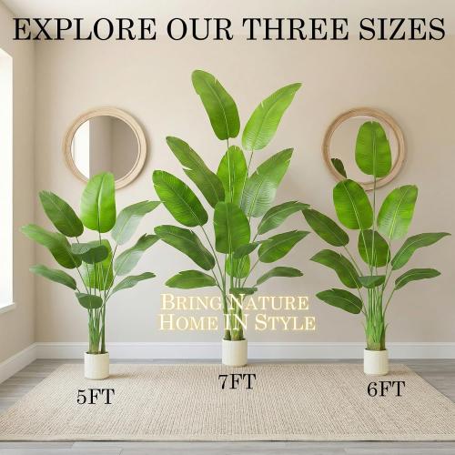 Artificial Bird of Paradise Plant：7FT Tall Fake Traveler’s Palm Tree | Faux Banana Tree Elephant Ear Leaf Silk Floor Plant in White Pot for Home Decor Indoor Office Entryway Balcony Patio café