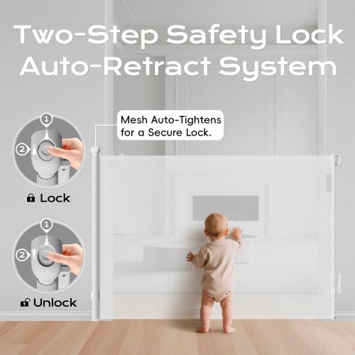 Retractable Baby Gate for Stairs, 55 Wide 38 High Pet Gate with Auto-Retract System, One-Hand Operation, Mesh Baby Gate for Doorways, Hallways, Decks, Indoor & Outdoor, White