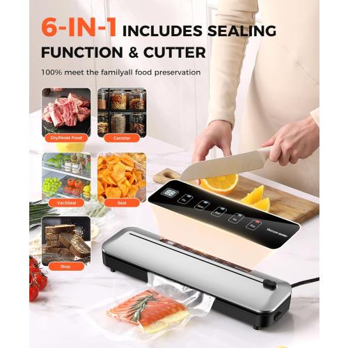 Vacuum Sealer Machine 75KPa Food with 6-in-1 Dry/Moist Modes & Digital Timer, Compact Lightweight Design, Built-in Cutter   10 Bags (Black Silver)