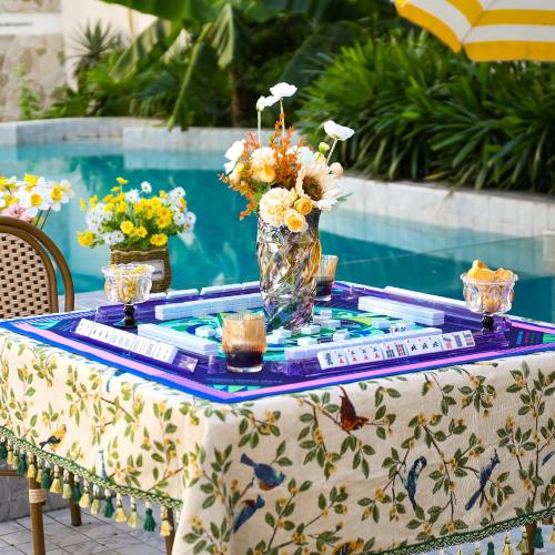 Neoprene Mahjong Mat with Rules (33 x 33), No Creases American Mahjong Mat, Anti-Slip & Noise Reduction Mahjong Learning Mat, Mahjong Mat Gifts for Women (Lucky Pink Blue)