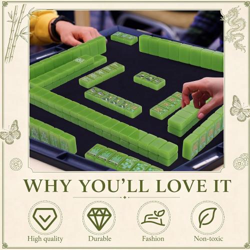 Arrowbash 160 Pcs American Mahjong Set 1.2 Inch Green Style Mahjong Tiles Set with Melamine Hand Carved Pattern for Adult Mah Jong Tabletop Games Mah Jong Lover Beginners