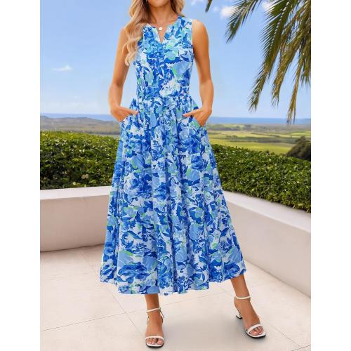 Size L...ZESICA Women's Summer Boho Floral Sleeveless Midi Dress 2026 V Neck Elastic High Waist Flowy Casual Beach Long Dresses