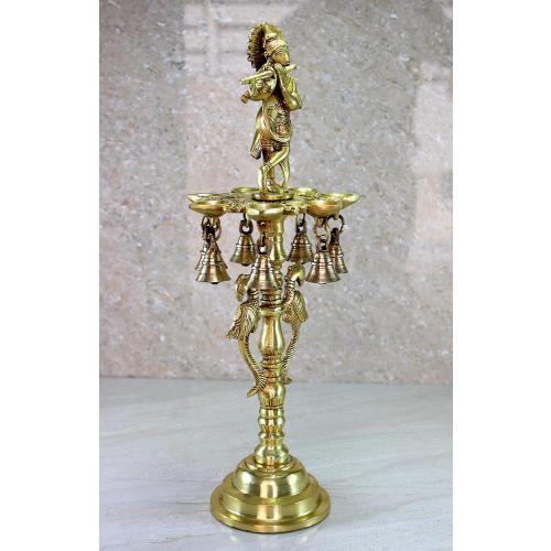 Brass Krishna Oil Lamp | Home Decor | Brass Diya Deepam Lamps | Kuthu Vilakku | Lamps for Home and Office - 16.5 Inches - Big Size