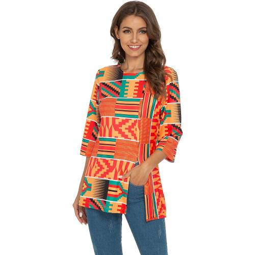 Medium, Afibi Womens Print Shirt African Dashiki 3/4 Sleeve Boho Loose Tunic Tops