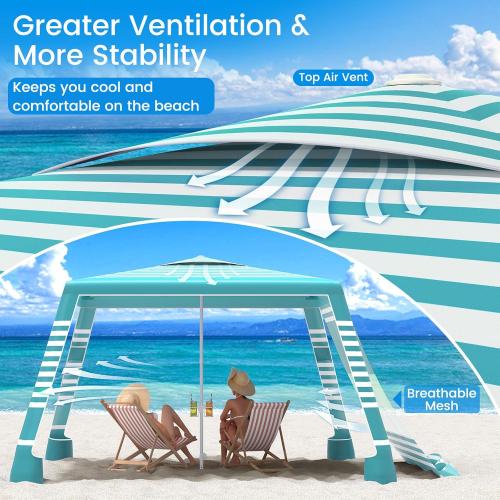 MoKo Beach Cabana, 8'×8' Large Beach Canopy with Side Wall, UPF 50  Protection Easy Setup Beach Tent Sun Shelter, Adjustable Height Wind Resistant Cabana Beach Tent for Whole Family, Green Stripe