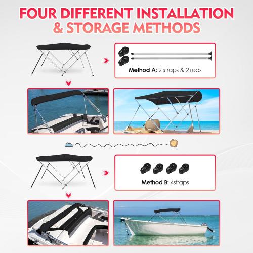 Bimini Tops for Boats, Black 3 Bow L6' x W54-60 x H46, 900D Polyester Bimini Top, 2 Rear Support Poles and Storage Boot, 4 Adjustable Nylon Straps