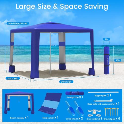 MoKo Beach Cabana, 8'×8' Large Beach Canopy with Side Wall, UPF 50  Protection Easy Setup Beach Tent Sun Shelter, Adjustable Height Wind Resistant Cabana Beach Tent for Whole Family, Navy Blue